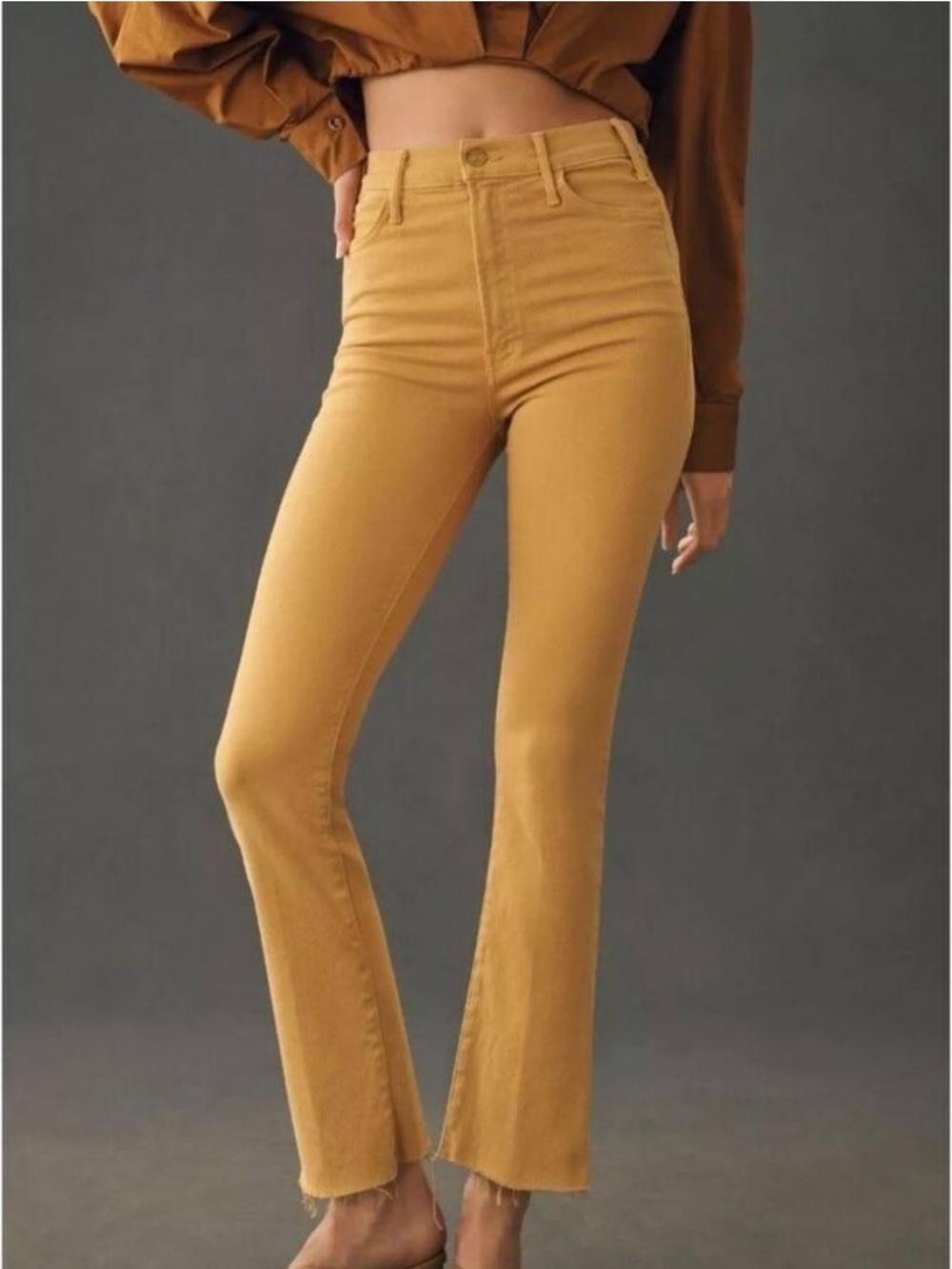 MOTHER The Hustler Ankle Fray in Tinsel Mustard Yellow Size 25 High Rise Flare